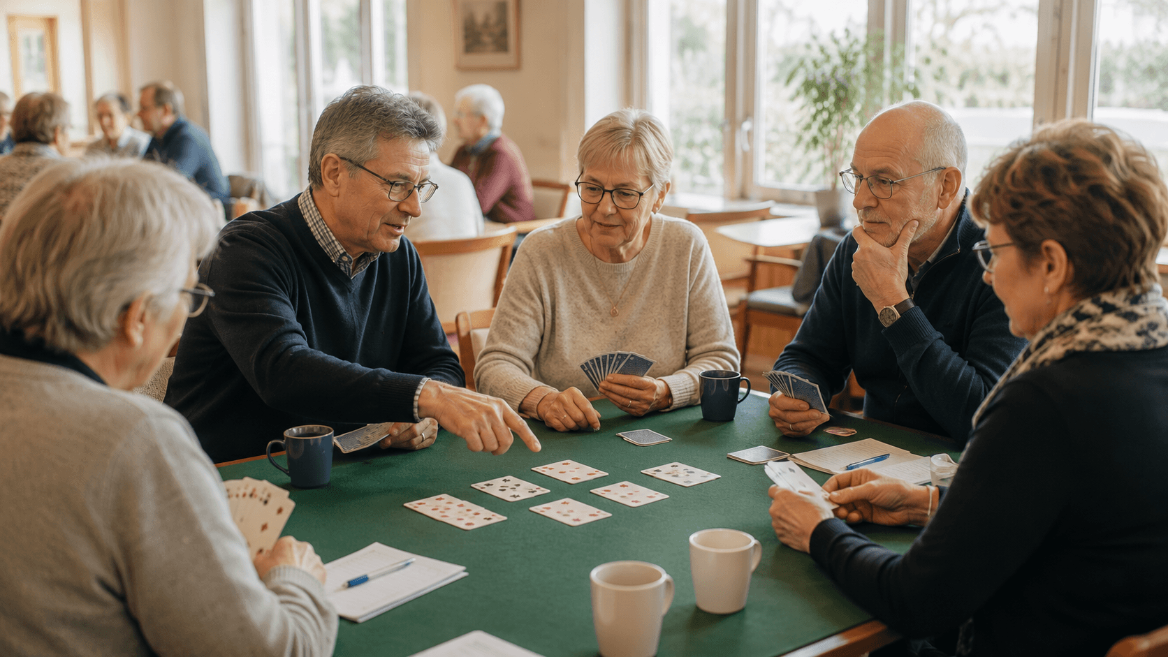Bridgeunderviser forklarer spillet for begyndere omkring et bridgebord i Esbjerg Bridgeklub