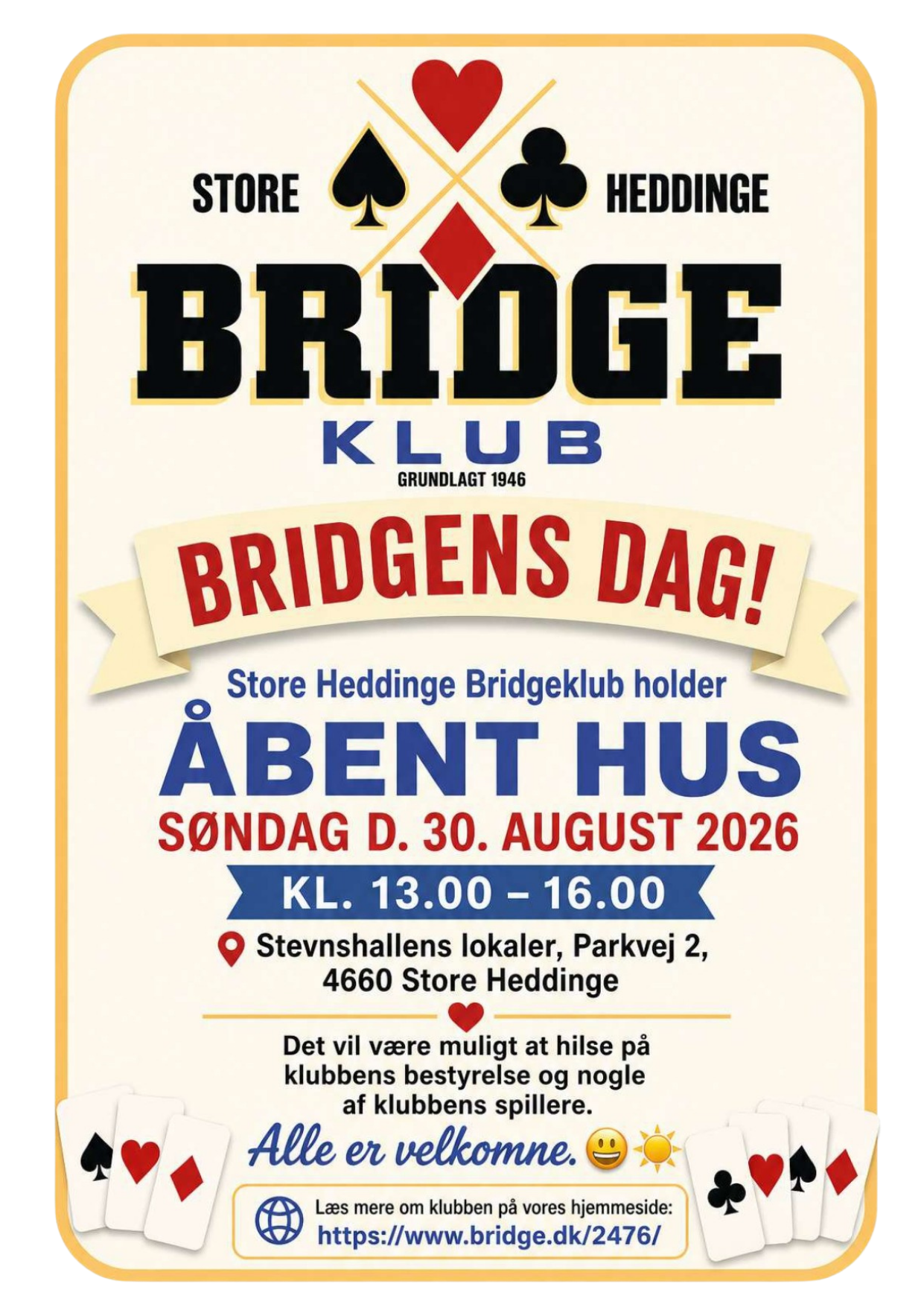 Invitation til Bridgens Dag og åbent hus hos Store Heddinge Bridgeklub