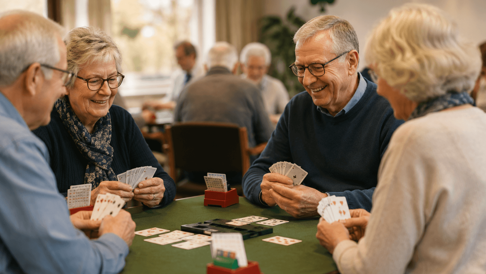Nye bridgespillere samlet omkring et bord hos Vestlolland Bridgecenter